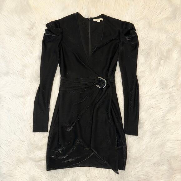 Jonathan Simkhai Metallic Dress V-Neck Puff Sleeve Belted Faux Wrap, Black - Picture 6 of 15